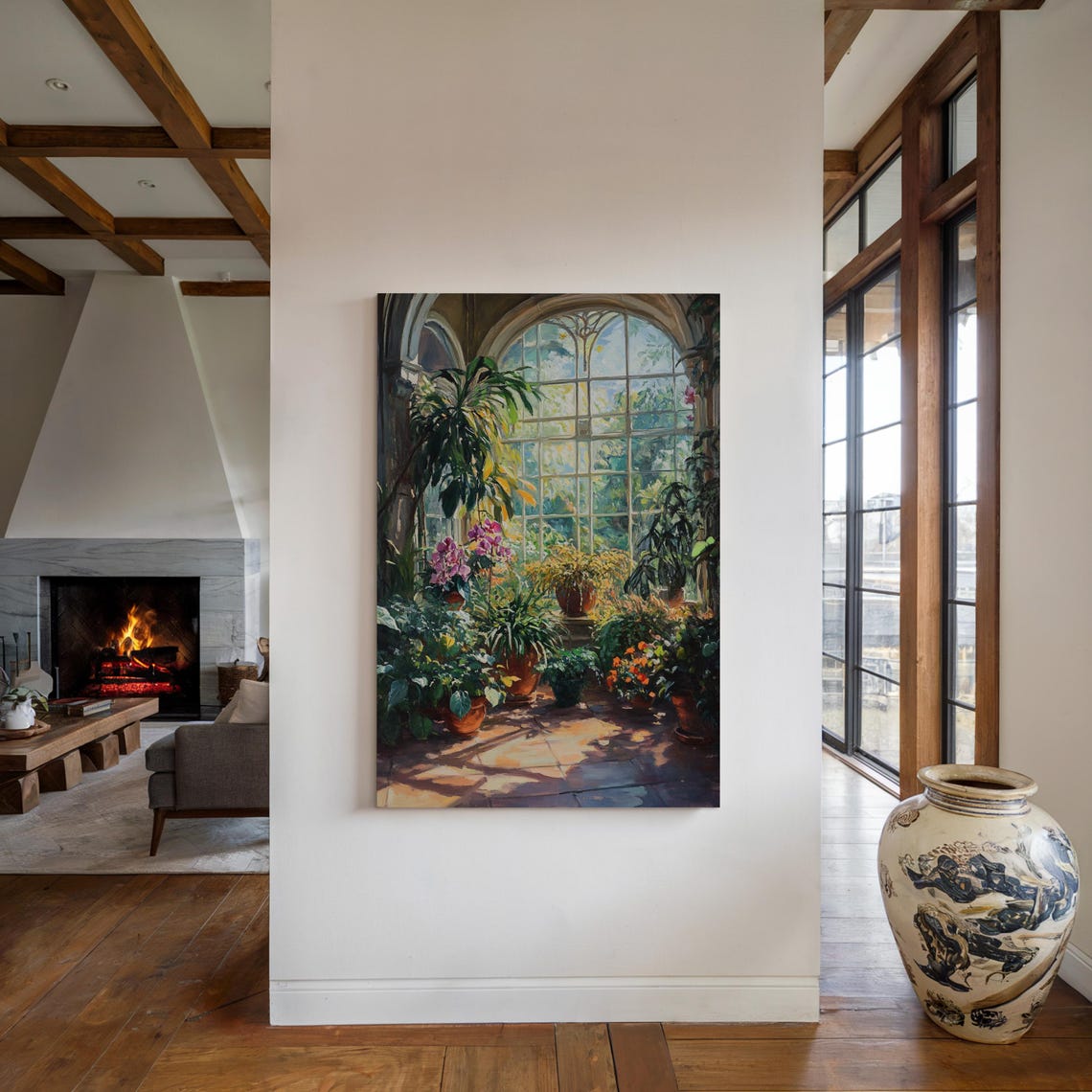 Sunlit Conservatory Interior With Arched Windows Lush Plants Poster - Image 4