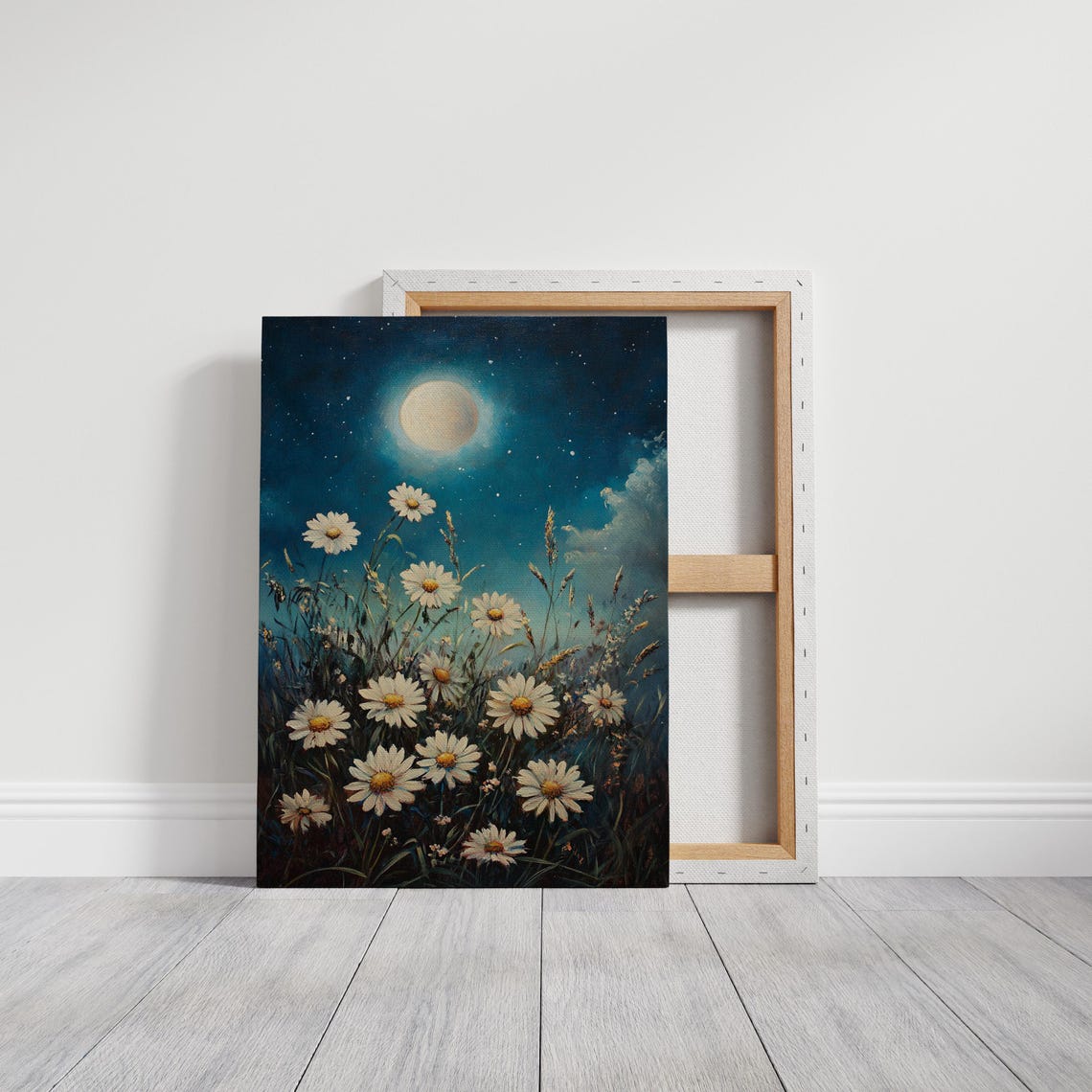 White Daisies Under a Glowing Full Moon in a Blue Night Sky Poster - Image 3