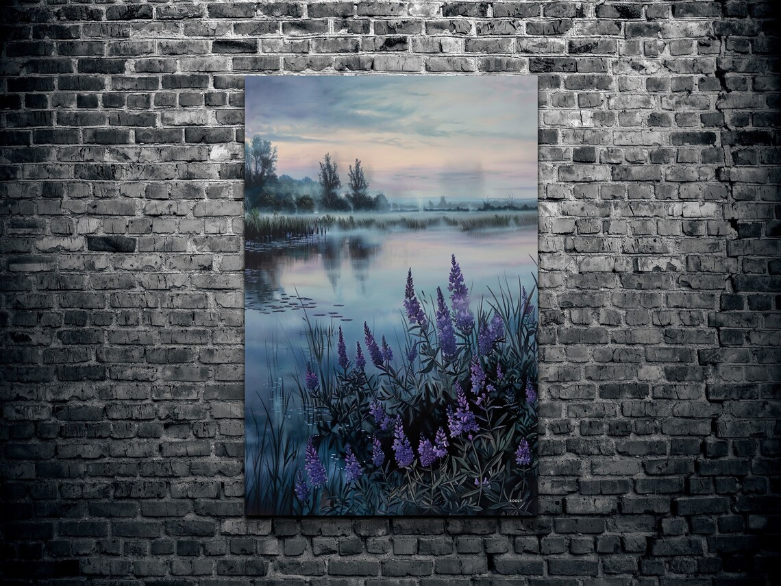Serene Lake With Purple Thistles, Tranquil Art Print - Image 2