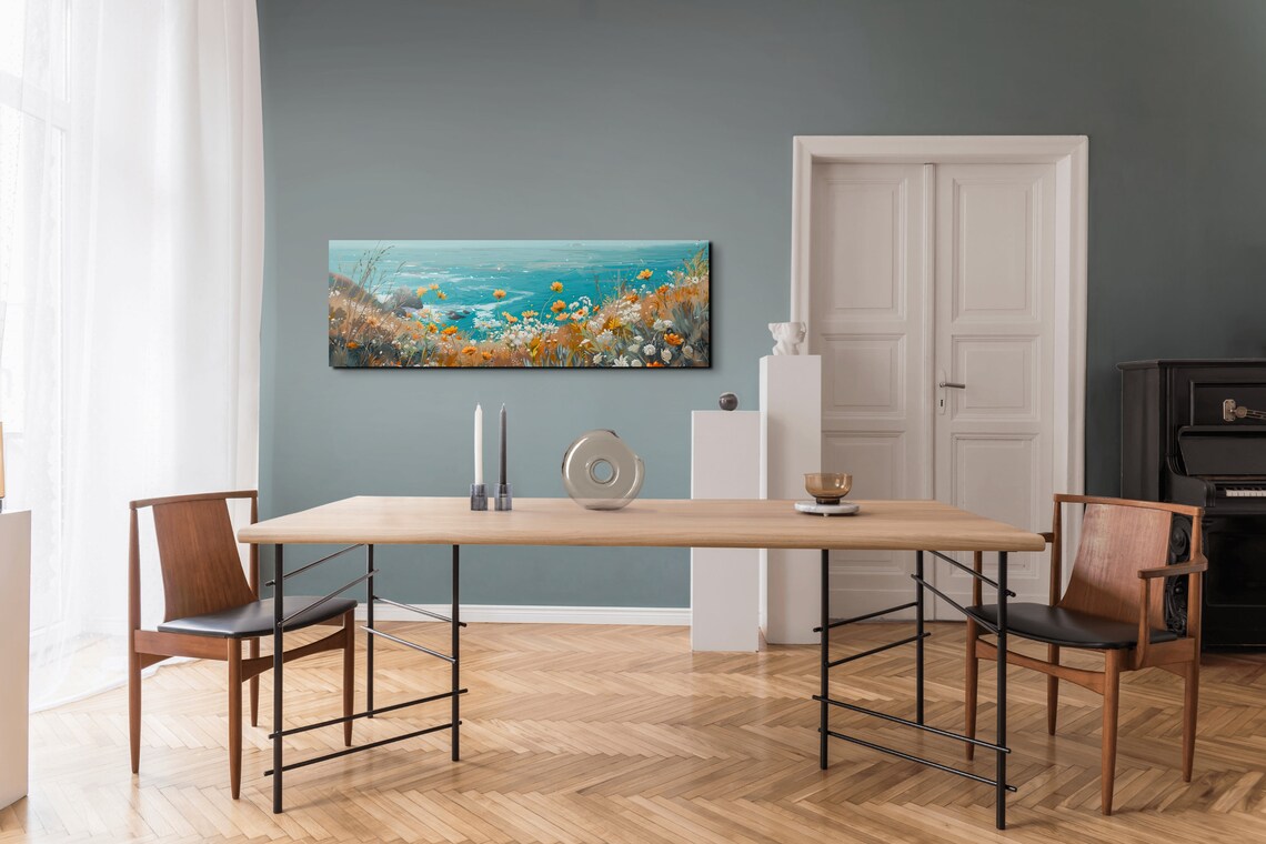 Coastal Wildflowers Overlooking Turquoise Sea and Rocks Panoramic Poster - Image 7