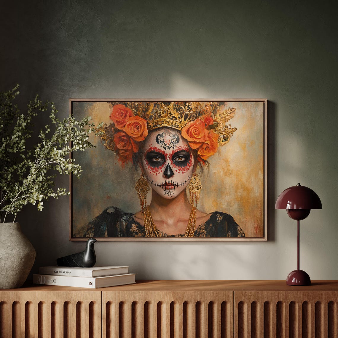 Elegant Dia De Los Muertos Woman With Floral Crown Mexican Sugar Skull Art Day Of The Dead Wall Decor Cultural Festival Art - Image 4