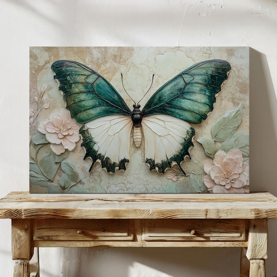 Green Butterfly Nature-Inspired Art Print, Floral Details