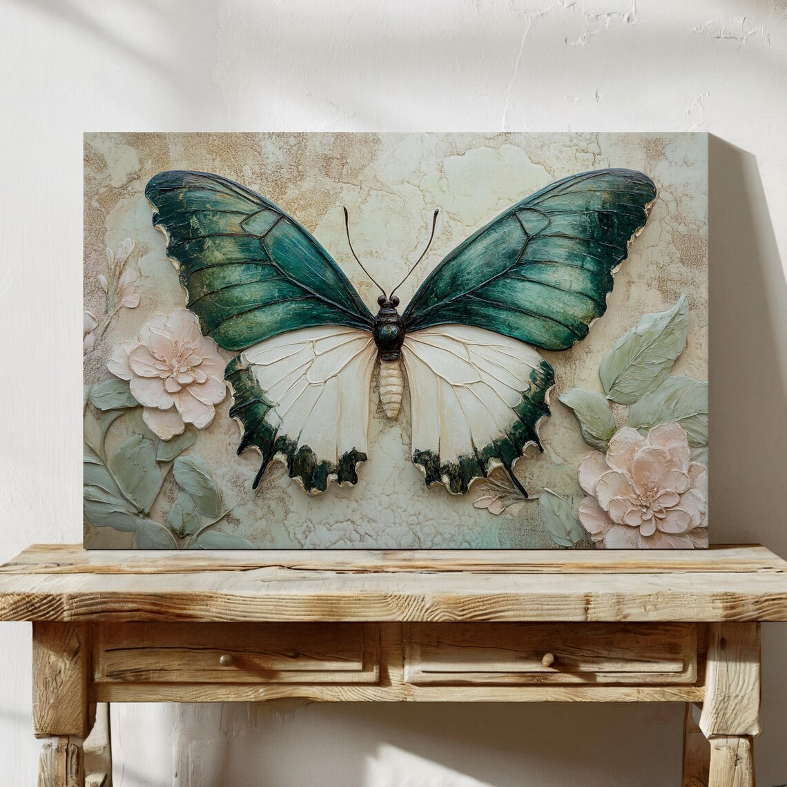 Green Butterfly Nature-Inspired Art Print, Floral Details