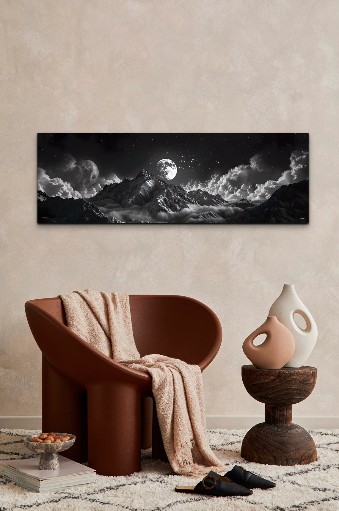 Black And White Mountains Above The Clouds Moonlit Night Poster - Image 3