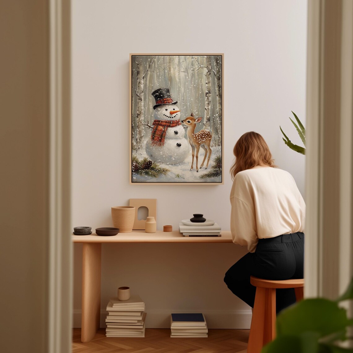 Snowman and Fawn Winter Scene Art Print, Holiday Decor - Image 3