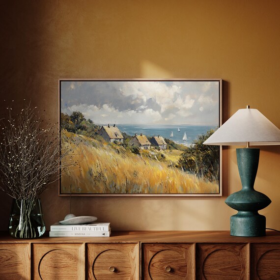 Moody Coastal Village Cottages Impressionist Ocean Art Poster