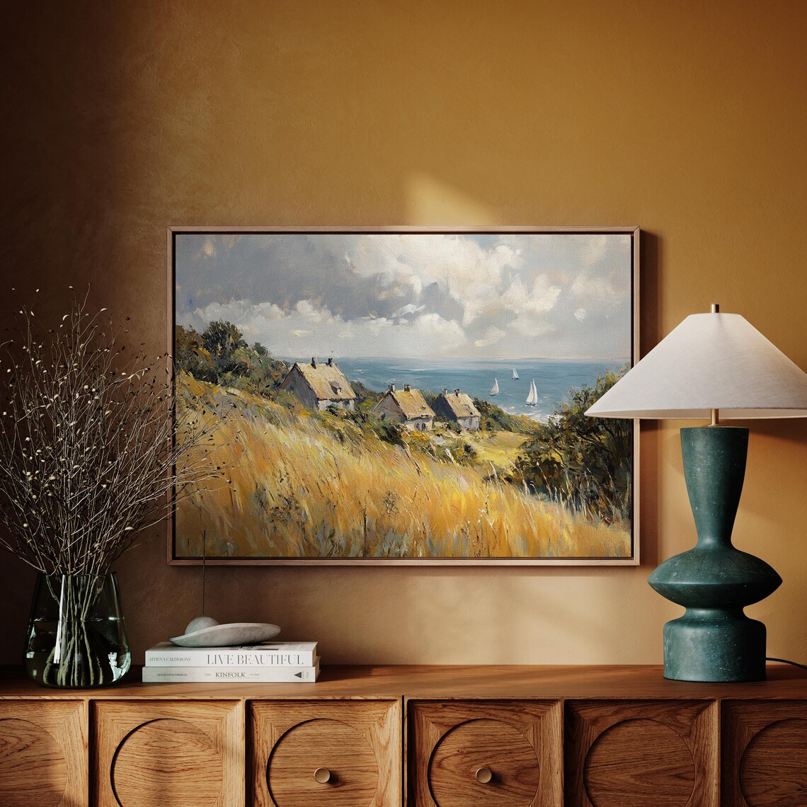 Moody Coastal Village Cottages Impressionist Ocean Art Poster