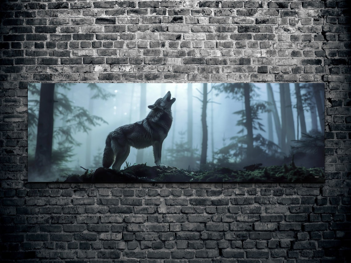 Howling Wolf in Misty Moonlit Forest Dramatic Wildlife Nature Poster - Image 2
