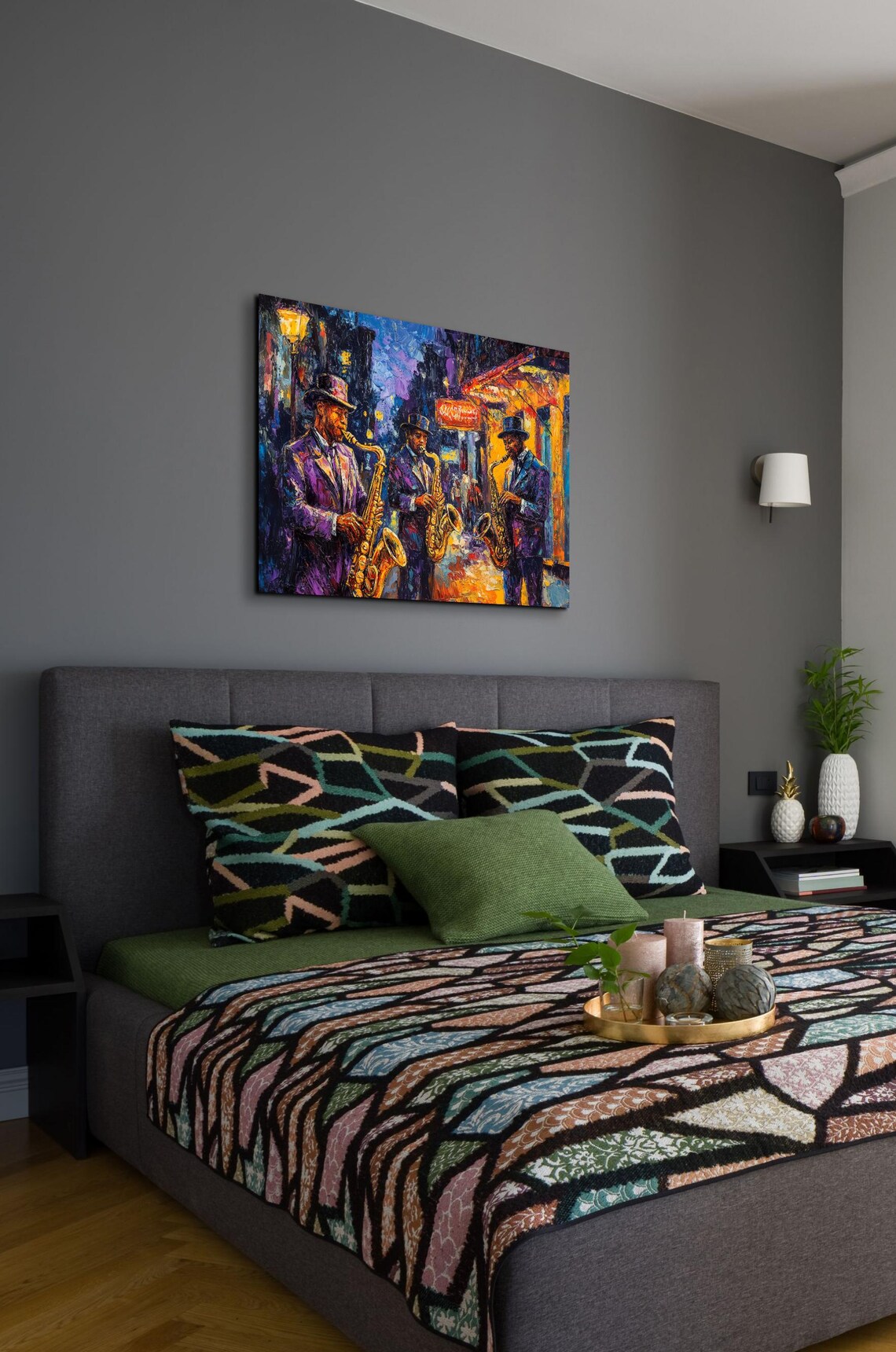 Jazz Saxophonists Night Street Warm Orange Lamplight Art Poster - Image 7