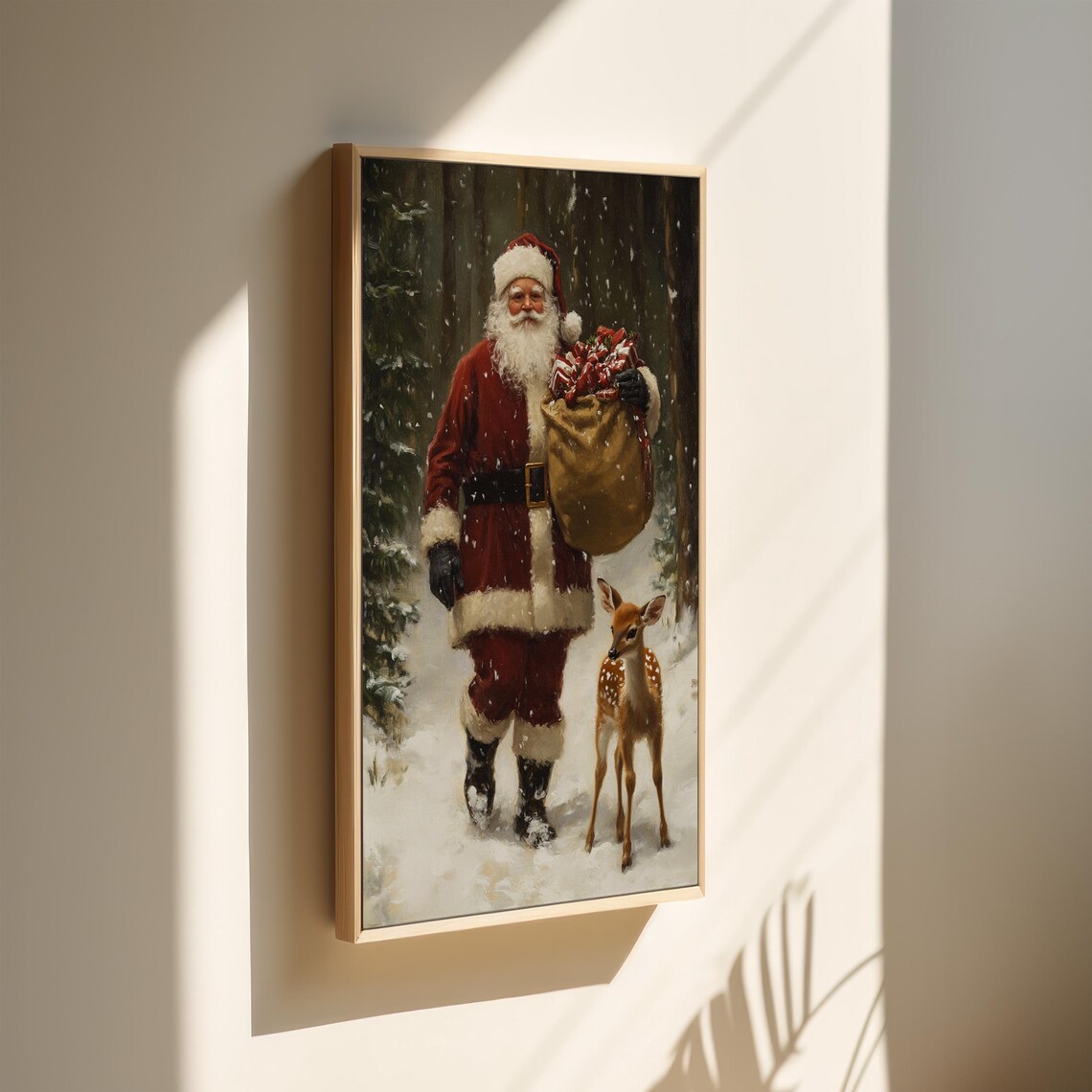 Vintage Santa Claus With Deer Fawn Snowy Forest Christmas Poster - Image 3