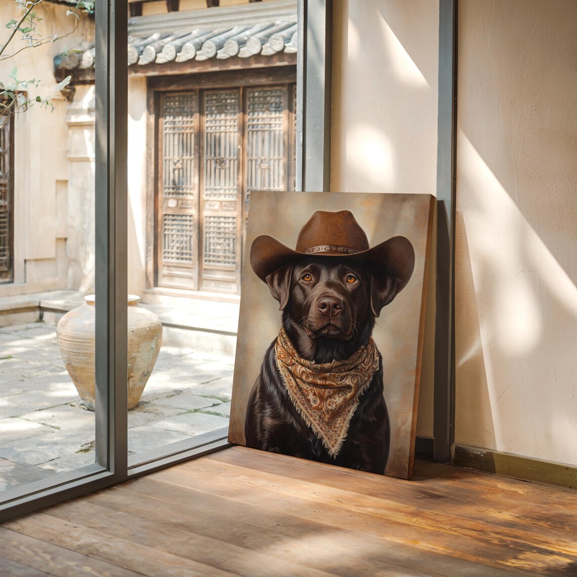 Handsome Chocolate Labrador Cowboy Western Dog Portrait Poster - Image 5