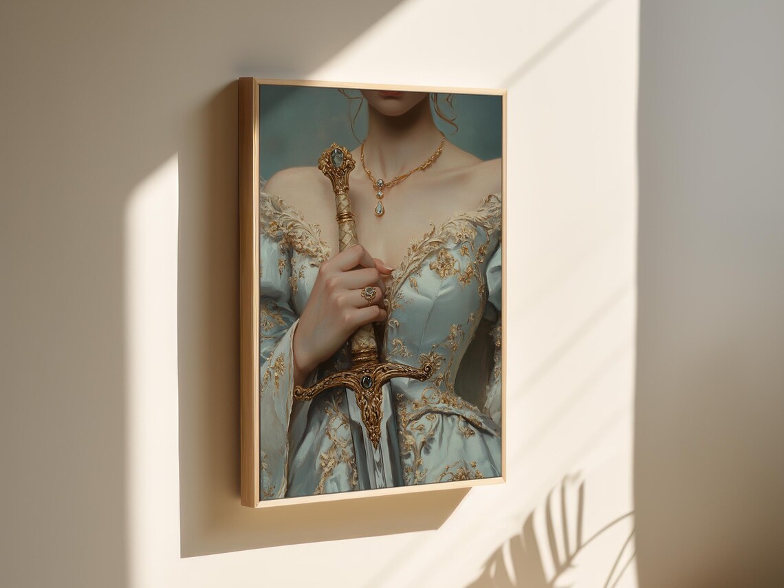 Elegant Woman in Blue Dress Holding Jeweled Sword Close Up Poster - Image 5