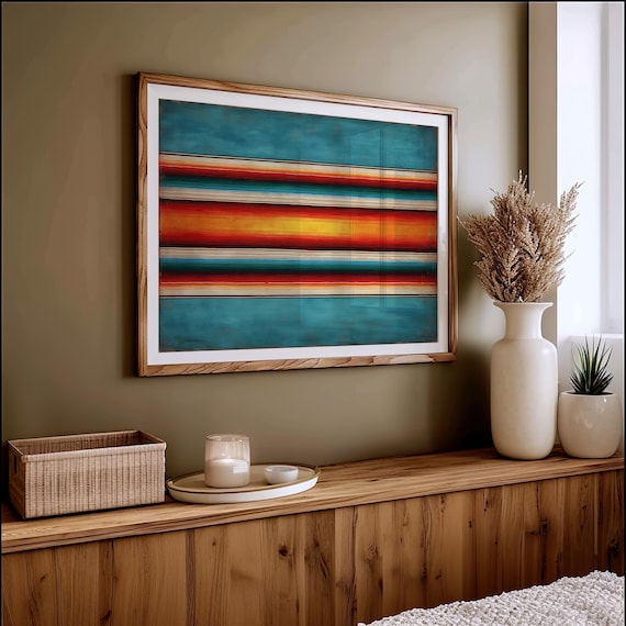 Mexican Serape Blanket Stripes Teal Southwest Textile Art Poster