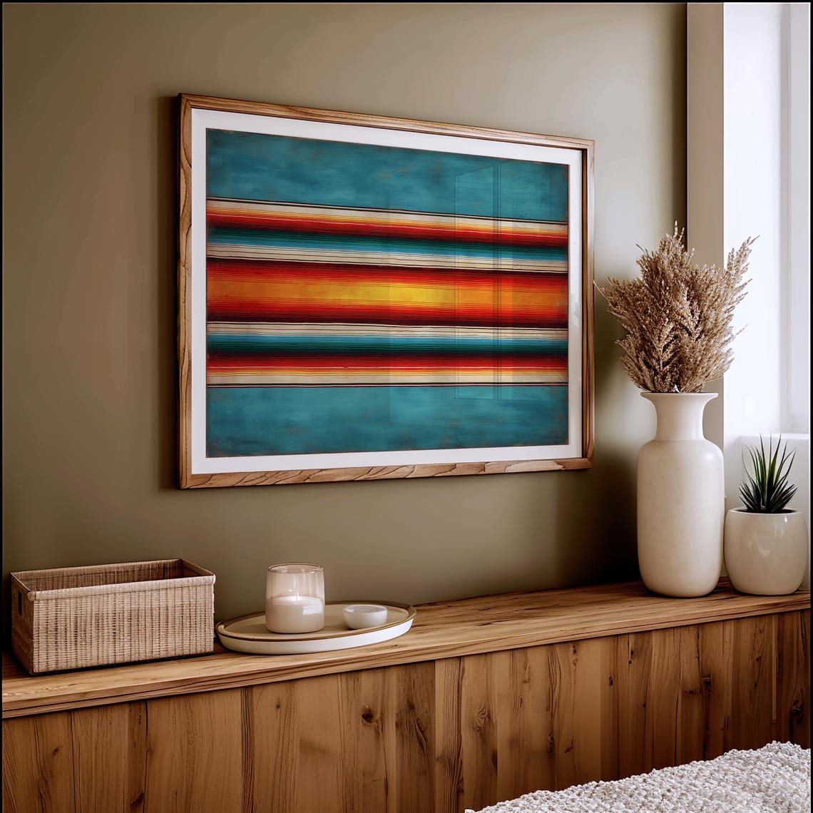 Mexican Serape Blanket Stripes Teal Southwest Textile Art Poster
