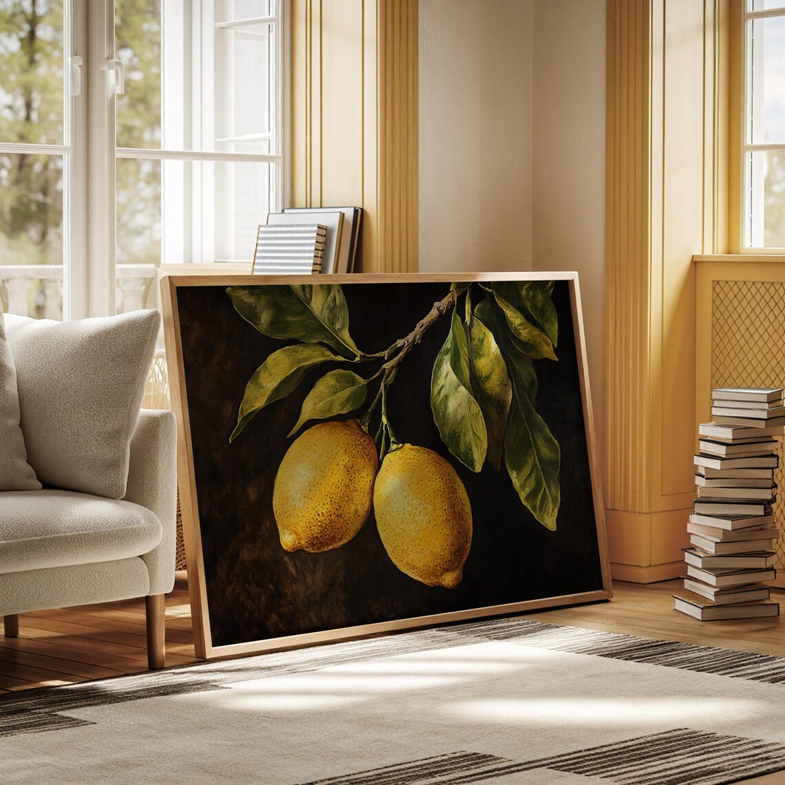 Pair of Ripe Lemons Hanging from Leafy Branch Dark Oil Poster - Image 2