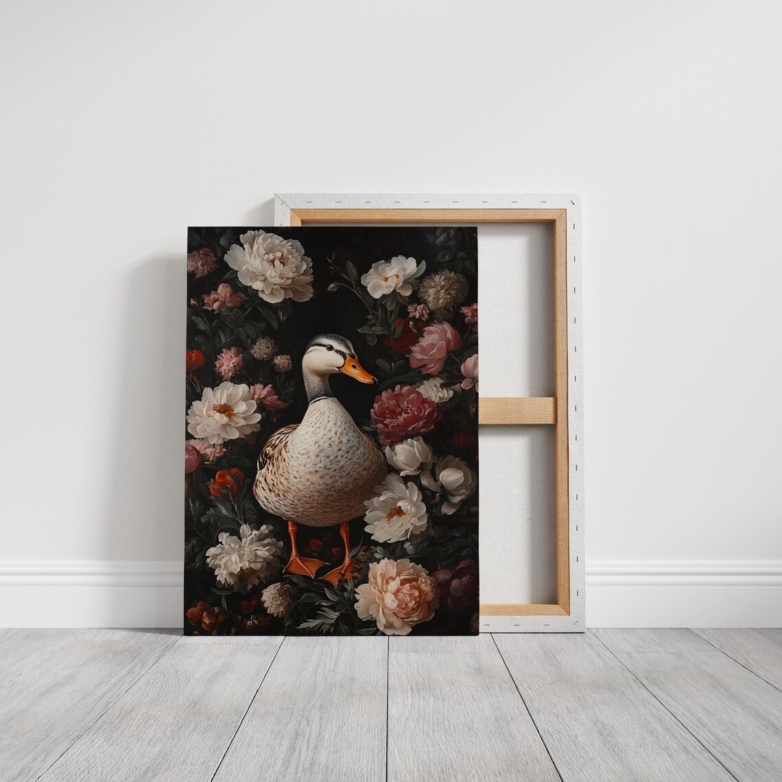 Elegant Duck Among Lush Peonies Dark Vintage Floral Wall Poster - Image 3
