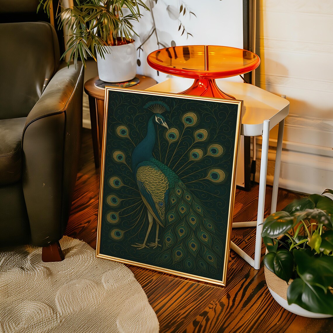 Elegant Teal and Gold Peacock Print with Fanned Tail Feathers