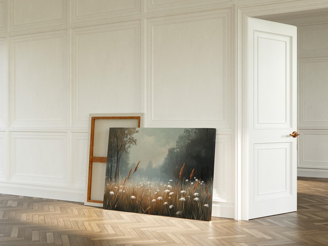 Misty Meadow Wildflowers Golden Grass Soft Foggy Morning Wall Art - Image 2
