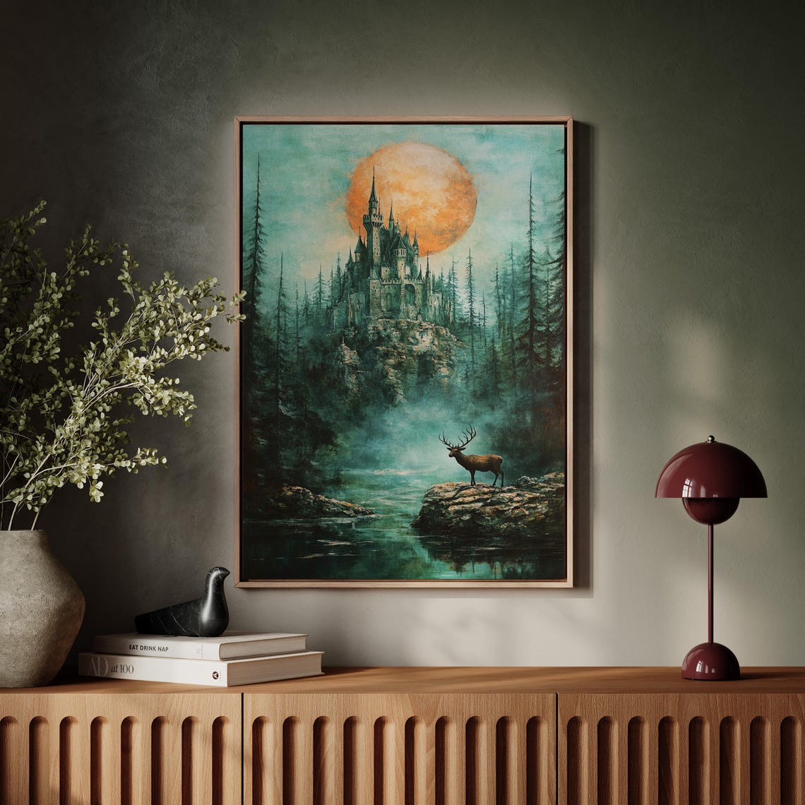 Enchanted Castle Under Orange Moon With Elk Fantasy Art Poster - Image 7