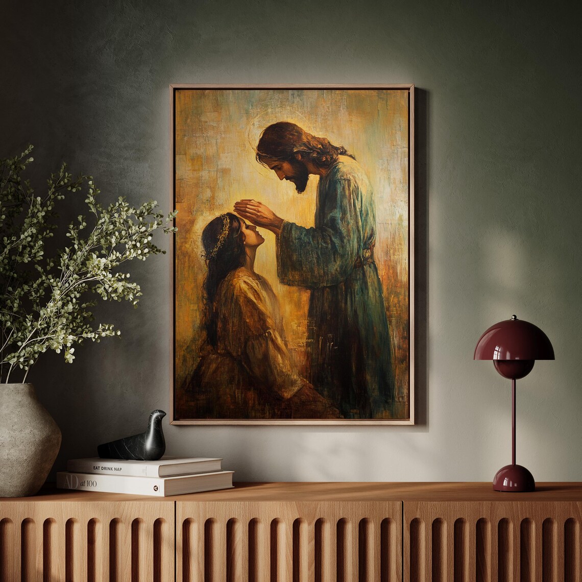 Jesus Blessing a Kneeling Woman in Warm Golden Oil Painting Style Poster - Image 4