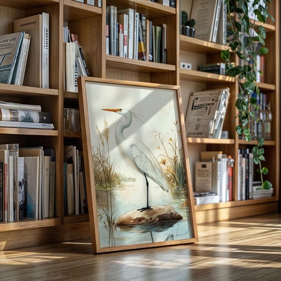 Elegant White Egret Canvas Wall Art Minimalist Marsh Bird Illustration With Botanical Accents Natureinspired Birdwatcher Home Decor