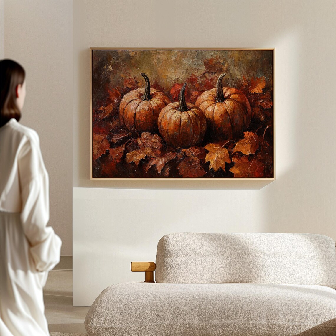 Three Pumpkins Among Autumn Leaves Moody Fall Harvest Still Life Poster - Image 7