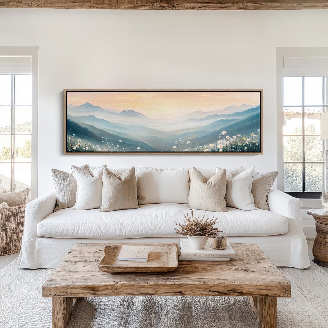 Misty Mountain Sunrise Over Wildflower Meadow Panoramic Art Poster