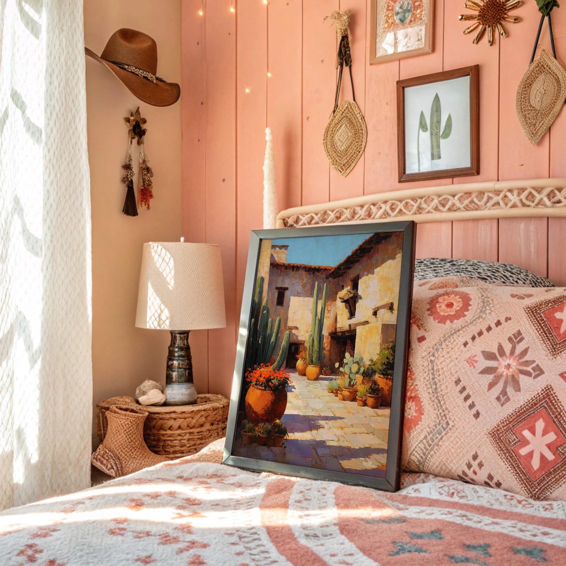 Southwest Adobe Courtyard Cactus Pots Sunlit Desert Painting Poster