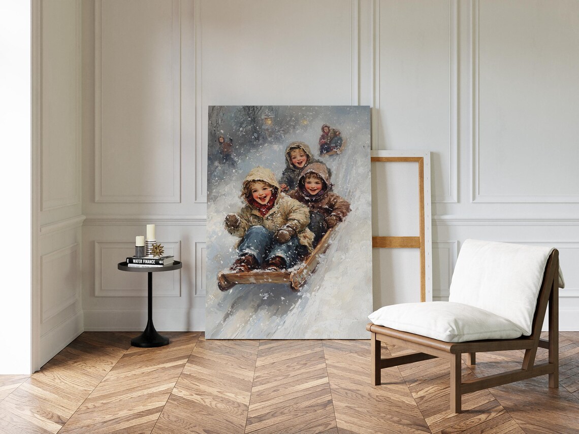 Joyful Children Sledding Down Snowy Hill Vintage Winter Art Poster