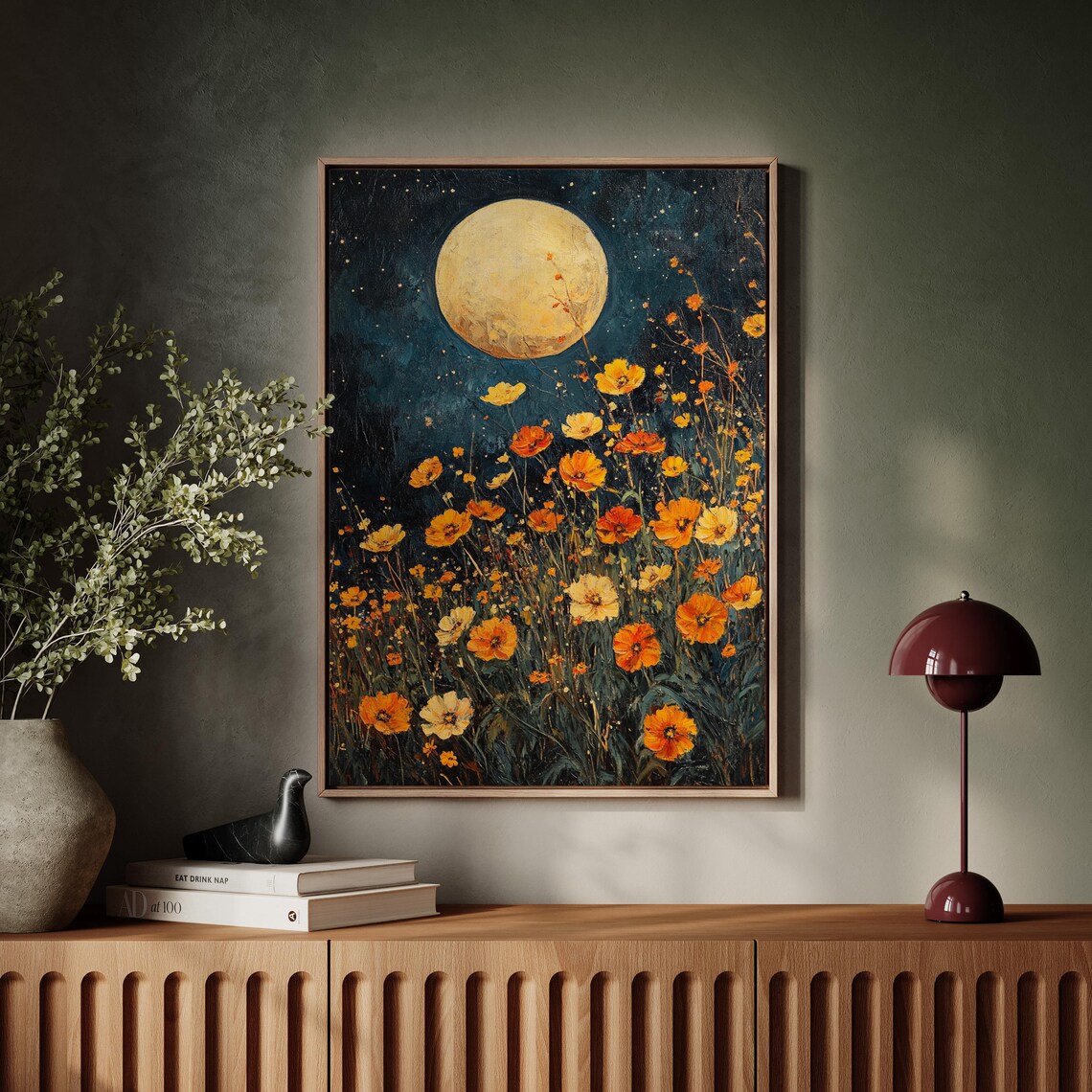 Moonlit Wildflower Meadow Golden Blooms Full Moon Night Art Poster