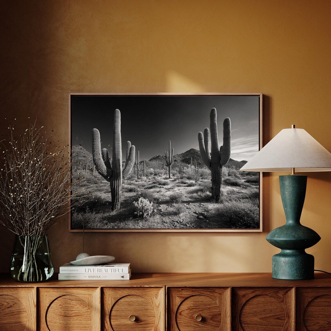 Desert Giants Saguaro Cactus Black and White Desert Photo Poster