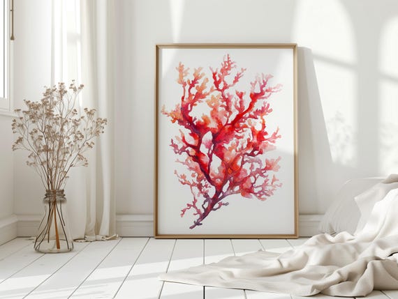 Red Coral Watercolor, Coastal Nature Inspired Decor