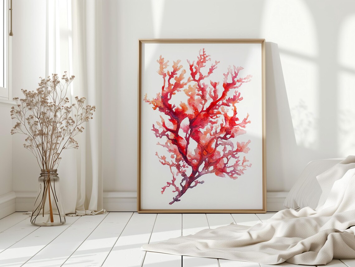 Red Coral Watercolor, Coastal Nature Inspired Decor