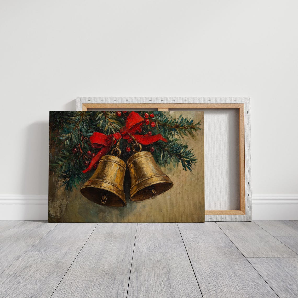 Golden Christmas Bells With Red Bow And Pine Holiday Wall Art - Image 3