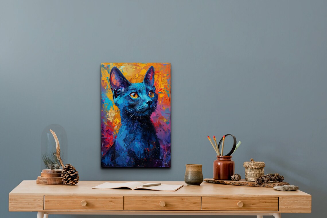 Colorful Blue Cat Portrait Pop Art on Orange Background Wall Art - Image 3