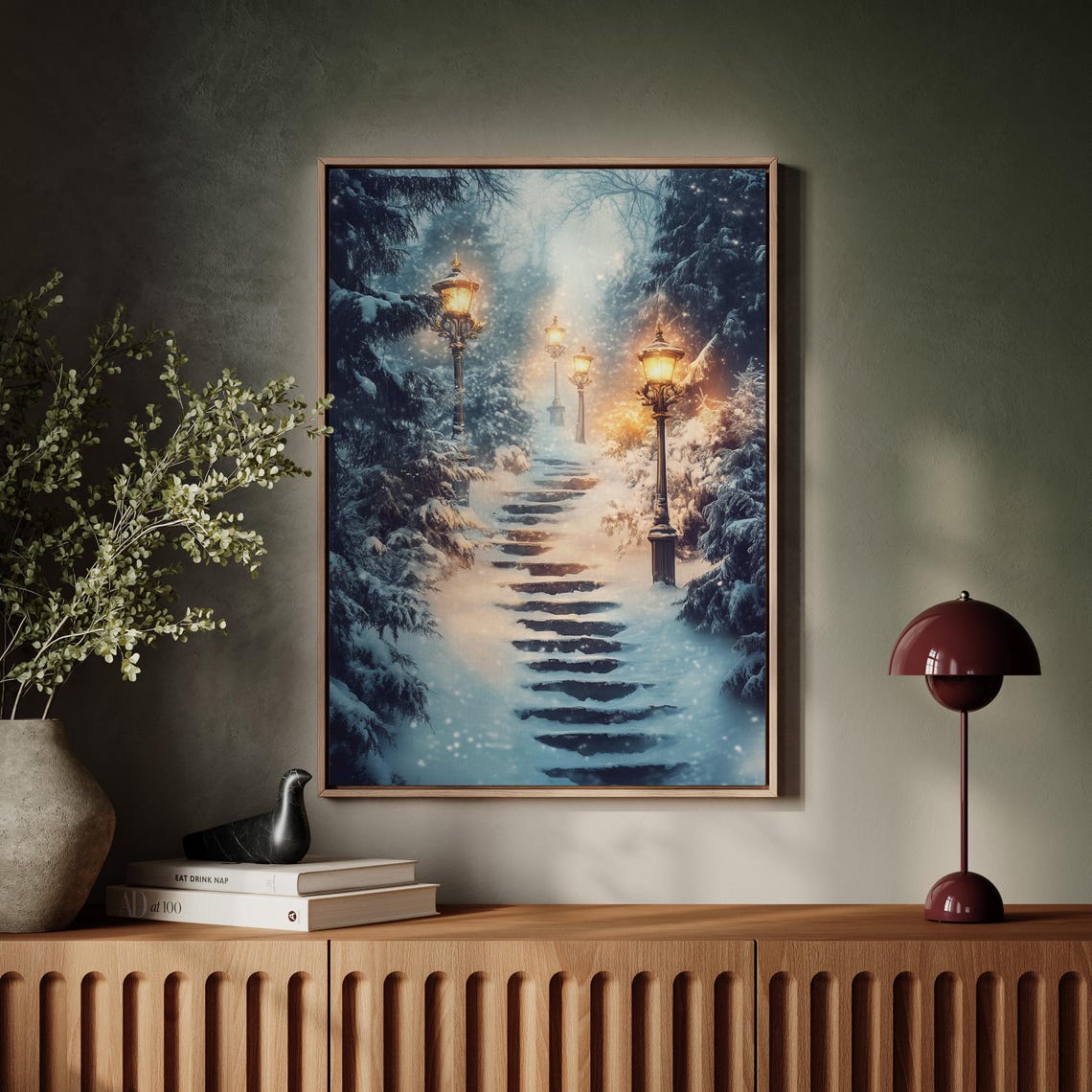 Snowy Staircase With Glowing Lampposts In Winter Night Forest Wall Art - Image 5
