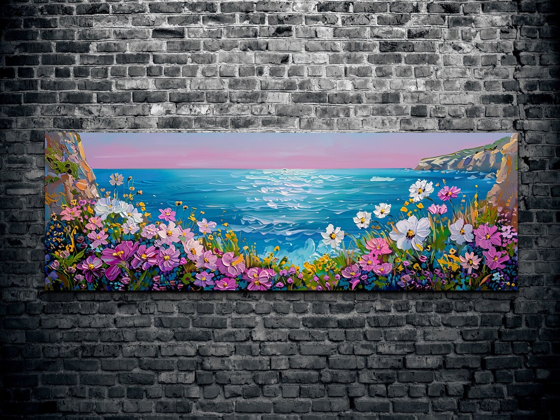 Wildflowers on Coastal Cliffs Overlooking a Turquoise Ocean Panoramic Poster - Image 2