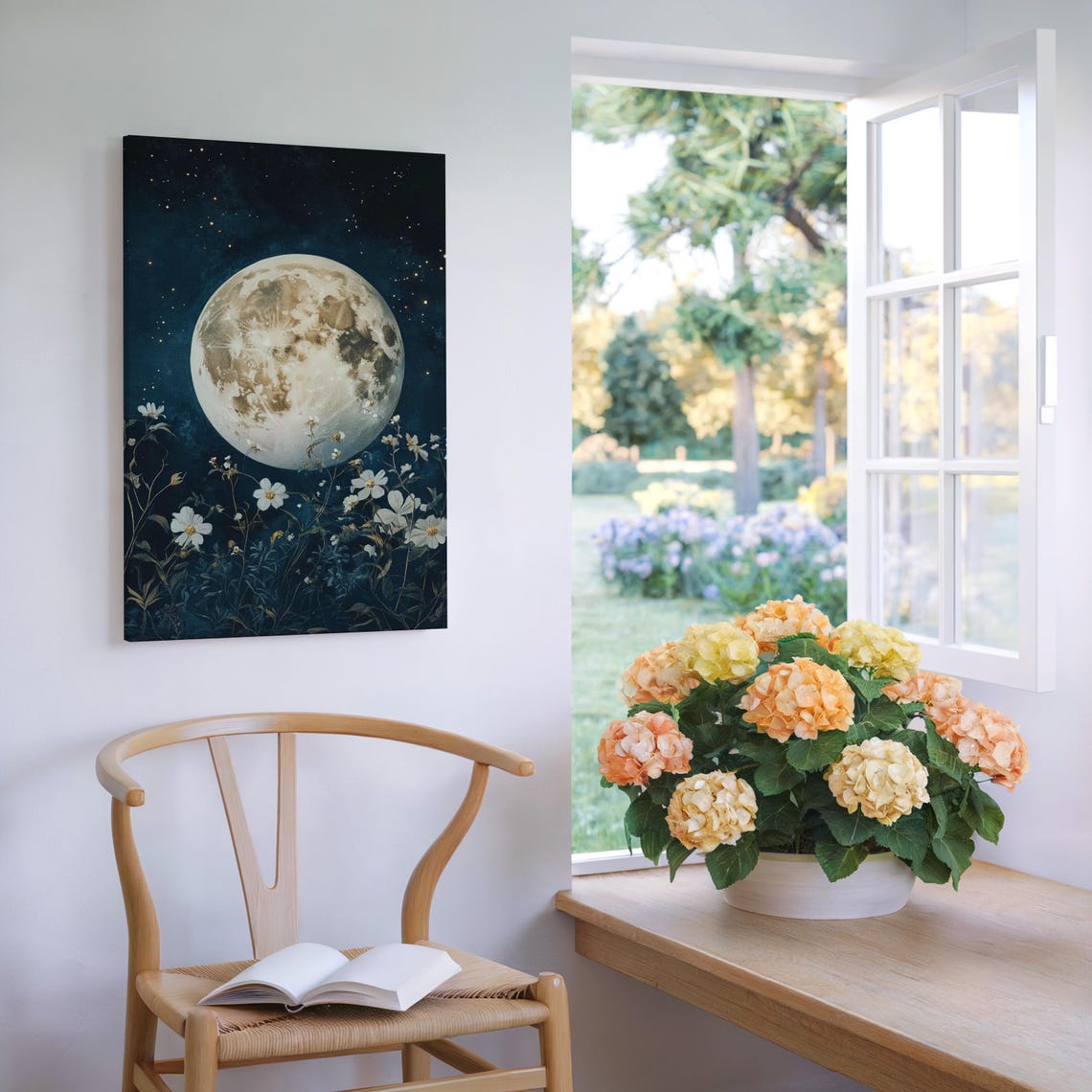 Full Moon Rising Over White Wildflowers Starry Night Art Poster - Image 6