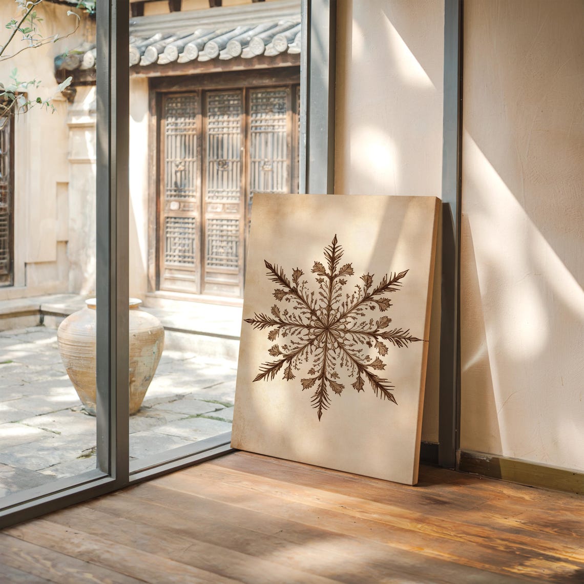Brown Botanical Snowflake with Pressed Ferns on Aged Paper Poster