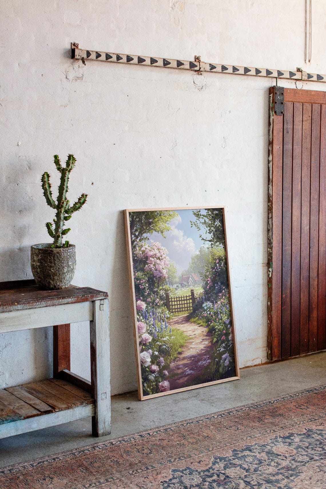 English Cottage Garden Path With Roses Romantic Painting Poster - Image 3