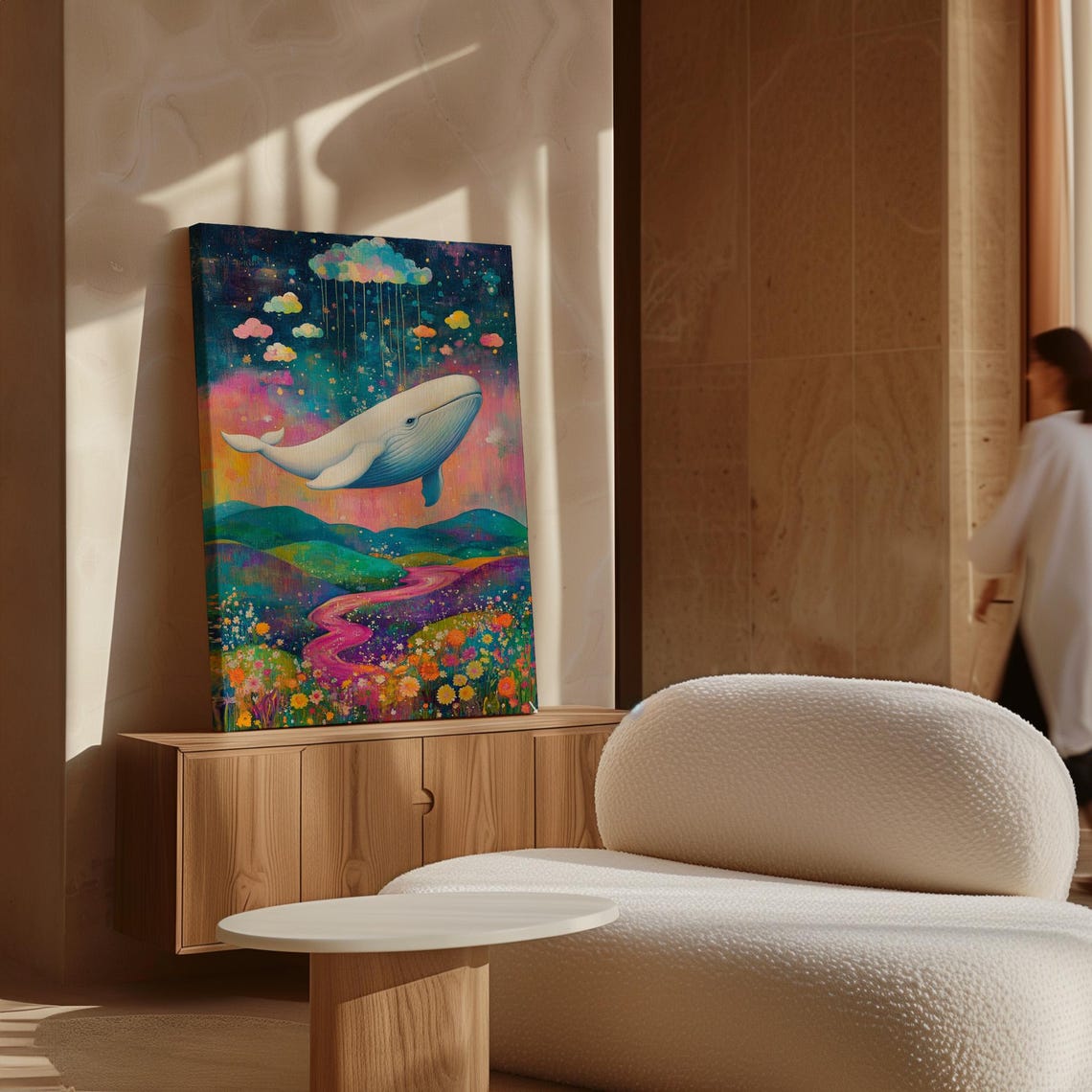 Enchanting White Whale Above Pink Winding River Meadow Poster - Image 7