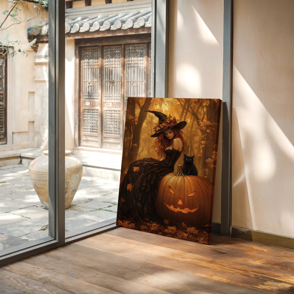 Enchanting Redhead Witch with Black Cat and Jack O Lantern Autumn Poster - Image 4