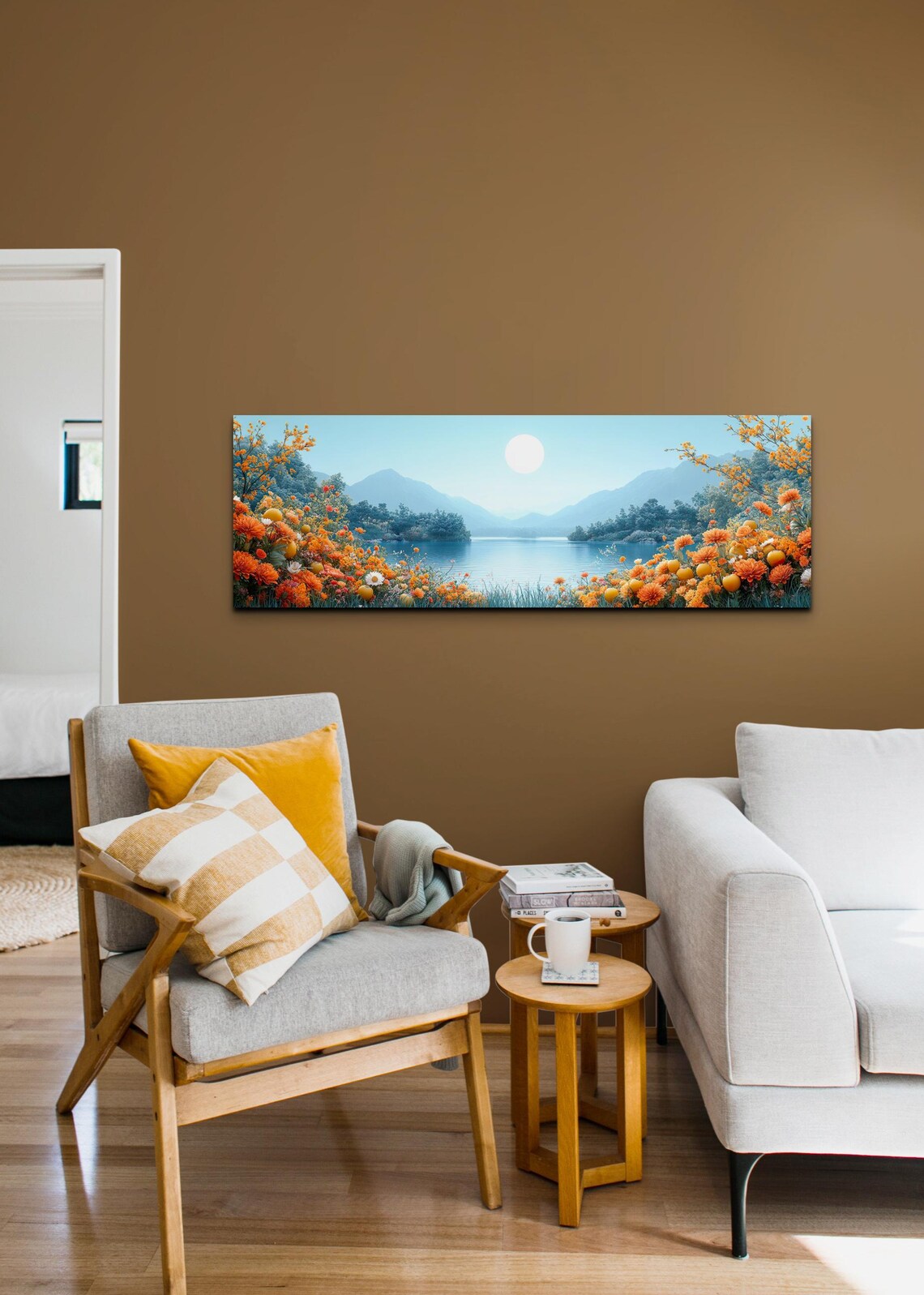 Panoramic Mountain Lake With Orange Wildflowers Under a Bright Sun Poster - Image 6