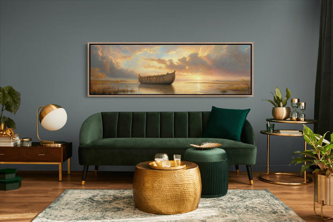 Noahs Ark Rainbow Sunset Biblical Boat Painting Christian Poster - Image 3