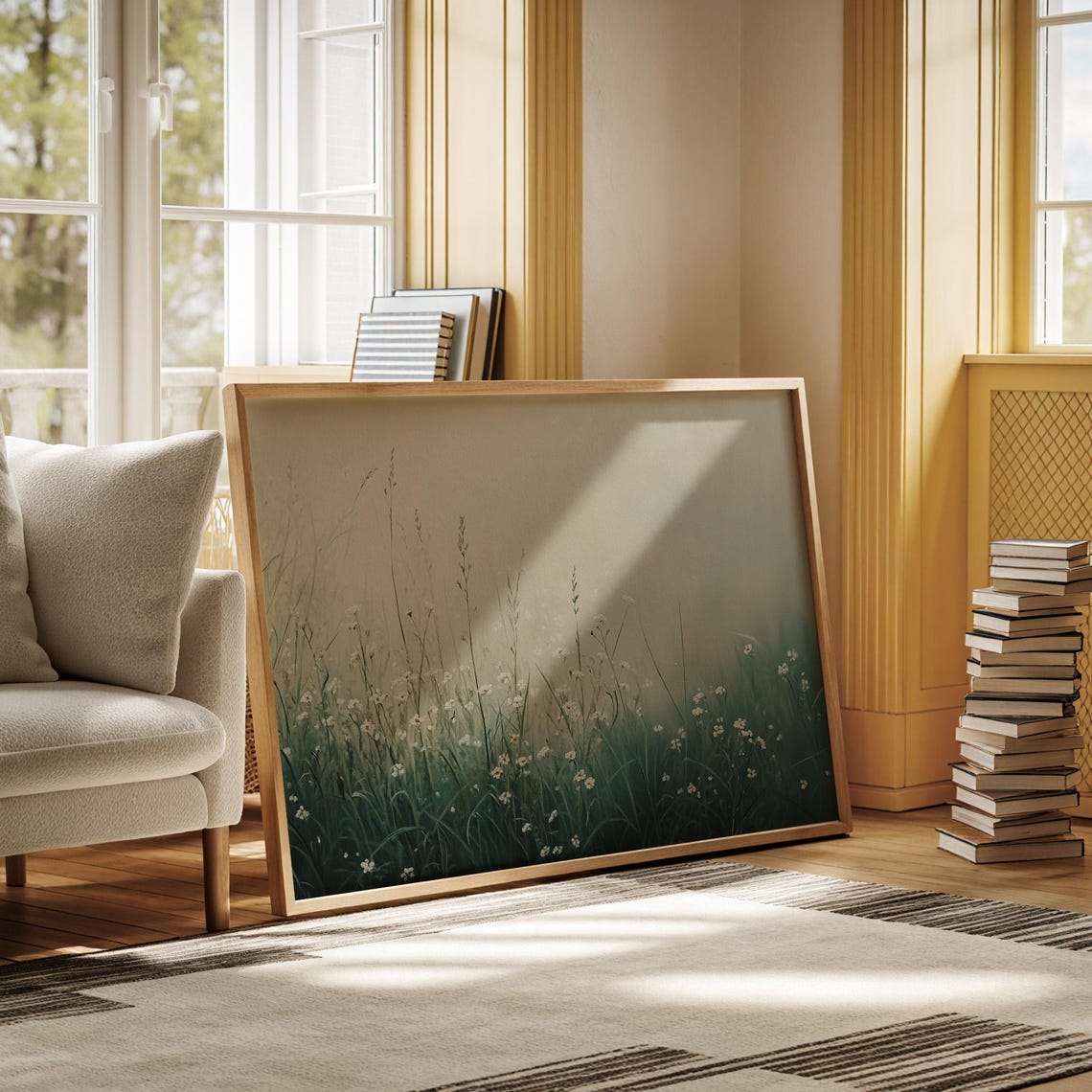 Misty Wildflower Meadow Tall Grasses Ethereal Green Field Wall Art - Image 6