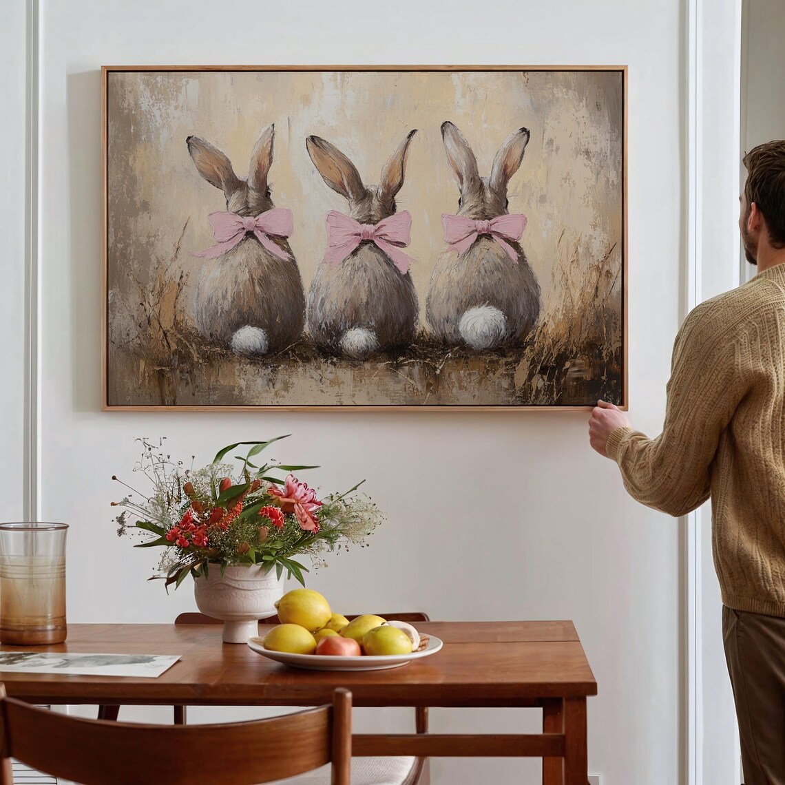 Three Bunnies With Pink Bows, Rustic Easter Art - Image 5