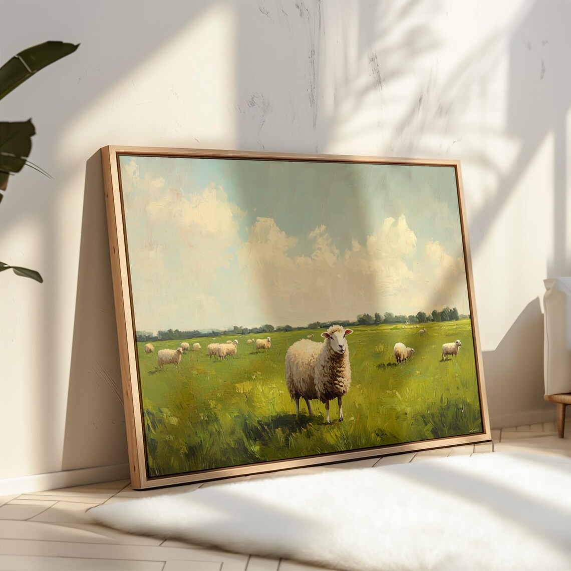 Sheep Grazing in Green Pasture Vintage Farmhouse Painting Poster