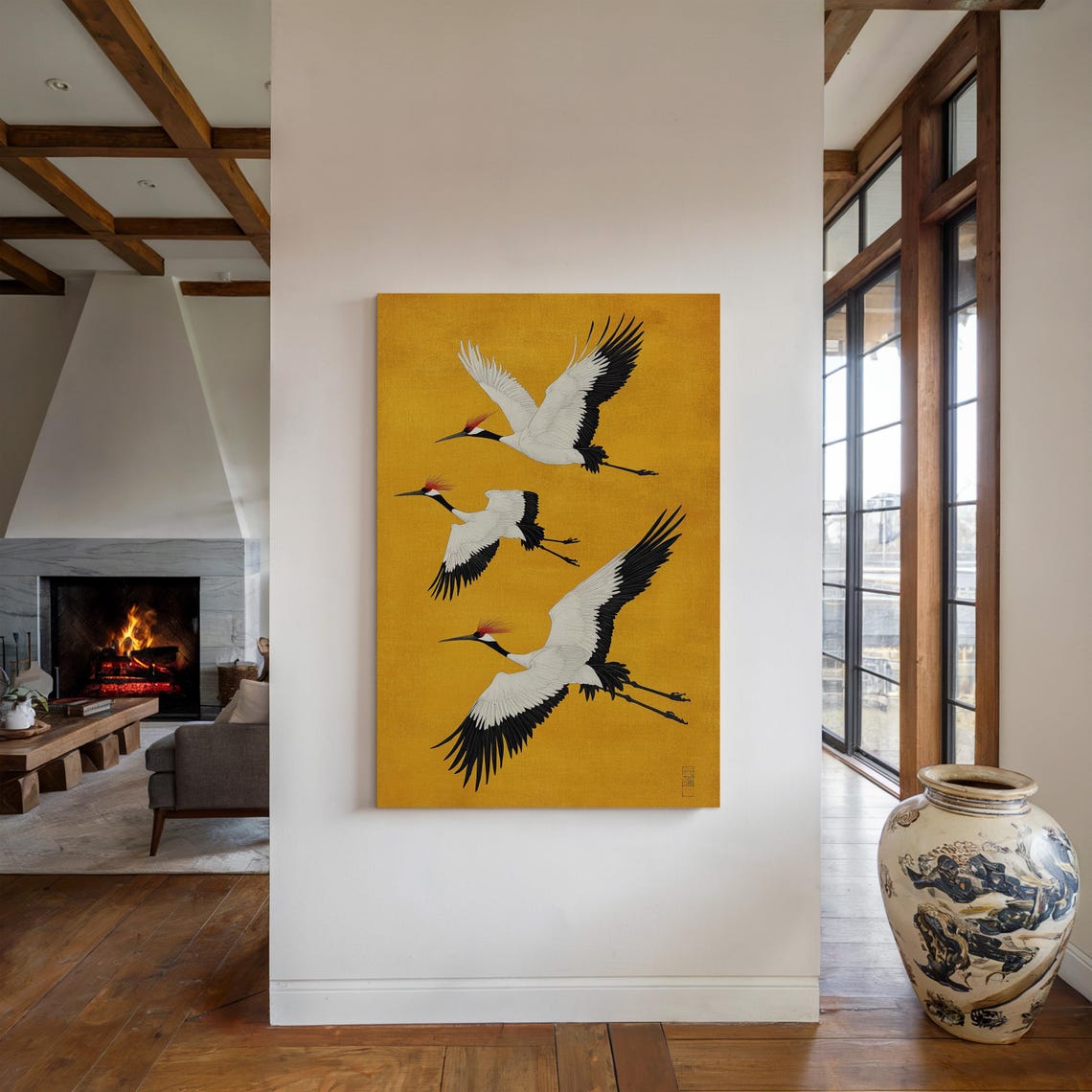 Three Red Crowned Cranes in Flight Gold Leaf Japanese Art Poster - Image 5