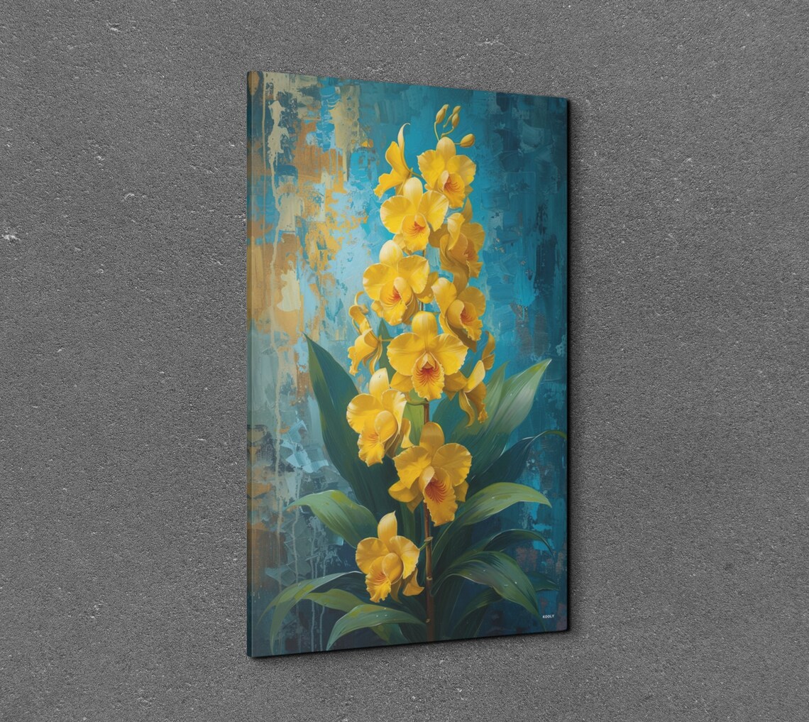 Tall Yellow Orchid Stem Painterly Blue And Gold Floral Art Poster - Image 6