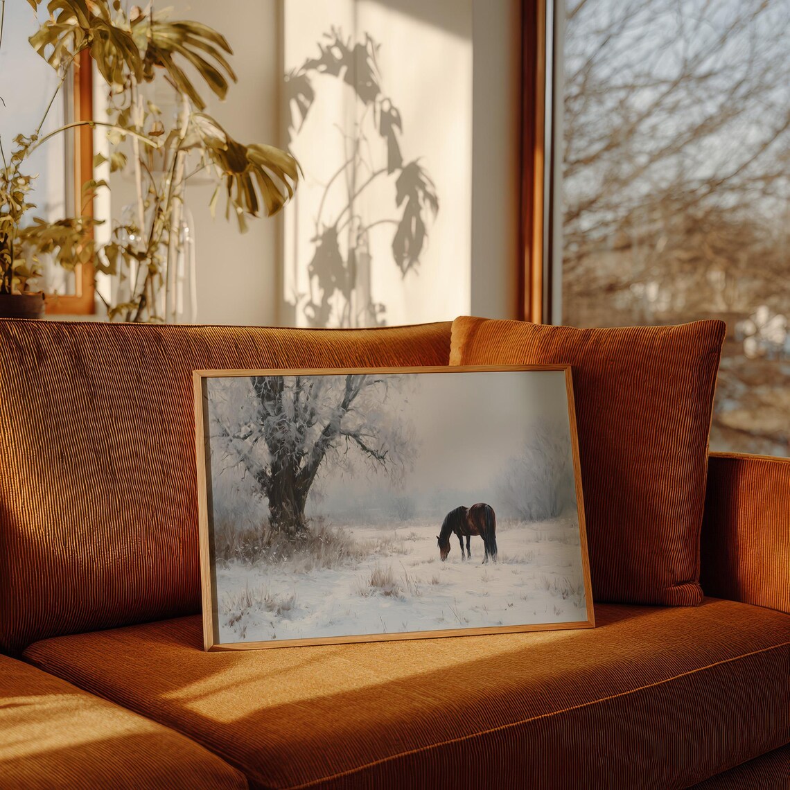 Black Horse Grazing in Snowy Winter Field Misty Watercolor Scene Poster